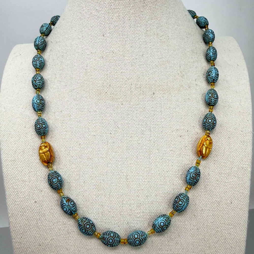 Vintage Egyptian Revival Faience‎ Ceramic Bead Gold Scarab Necklace